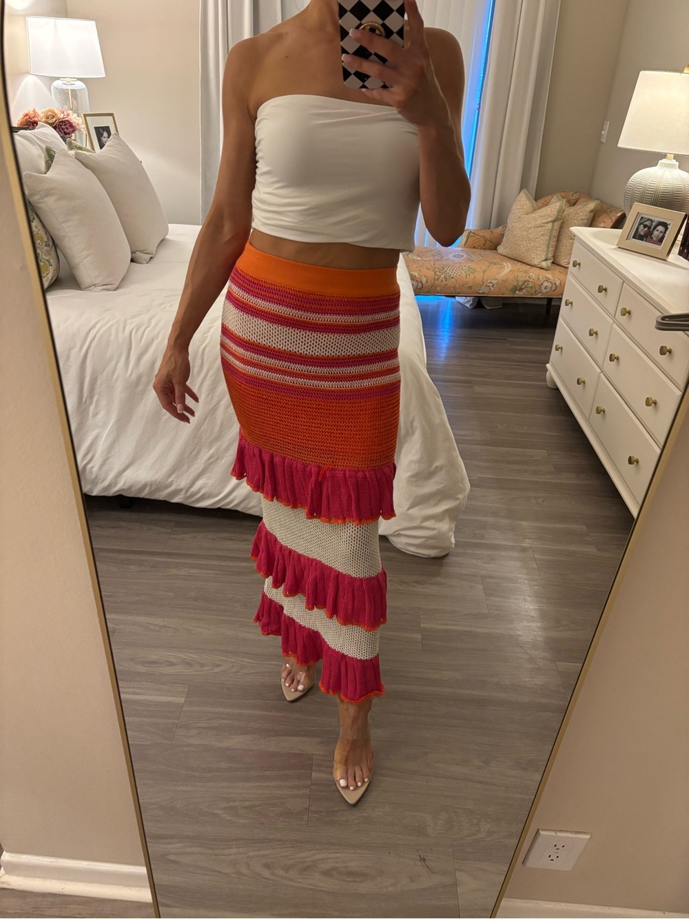 Suboo Tiered Crochet Knit Maxi Skirt in Orange & Pink 🧡💕